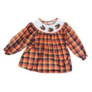 Abby & Evie Girls Thanksgiving Smocked Turkey Plaid Top Orange Navy Size 3